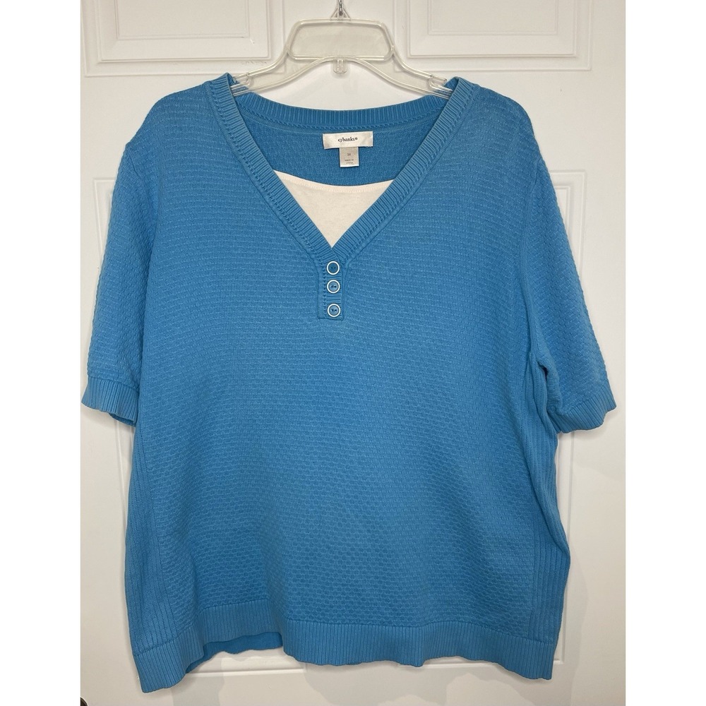 CJ Banks Women's 3X Blue White Short Sleeve V Neck 1/4 Button Sweater Shirt